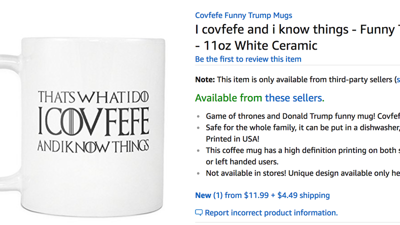 Illustration for article titled Be the Saddest Guy in the Office With Amazon's Embarrassing 'Covfefe' Swag